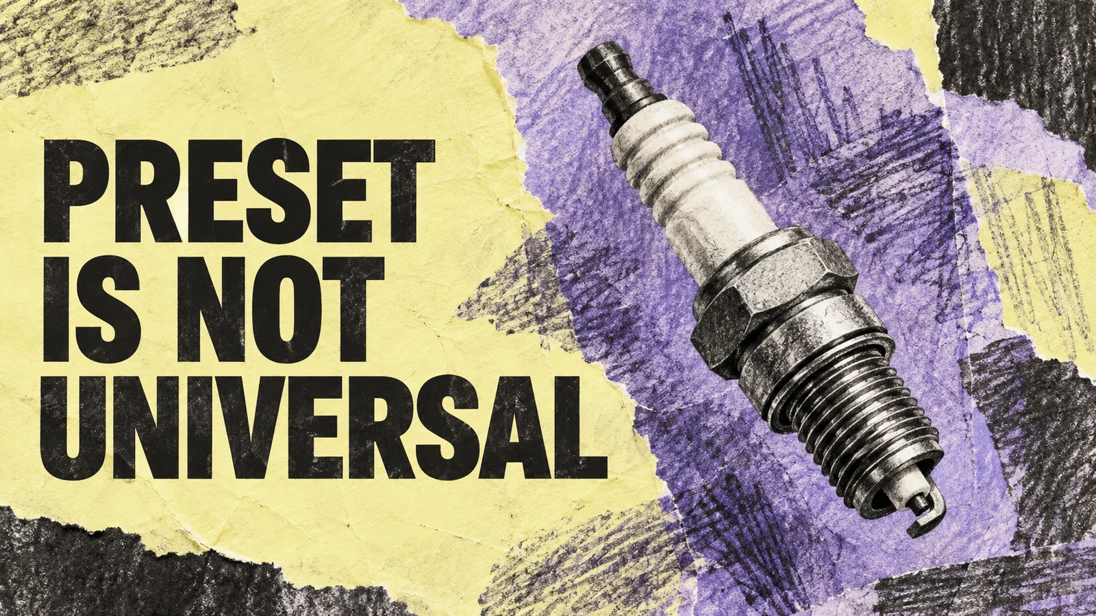 Violet and pale lemon graphite frottage editorial cover with a generic uninstalled spark plug and PRESET IS NOT UNIVERSAL.