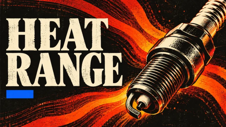 Orange-black woodcut poster with generic diagonal spark plug, abstract heat-flow ribbons and HEAT RANGE heading.