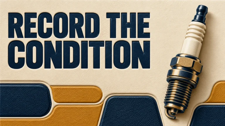 Ochre and navy leather-relief cover with a generic intact uninstalled spark plug and RECORD THE CONDITION.