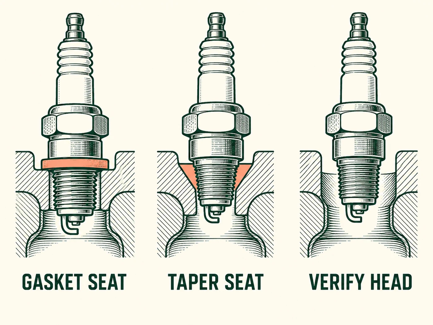 Conceptual gasket and taper seat illustrations with a verify-head reminder