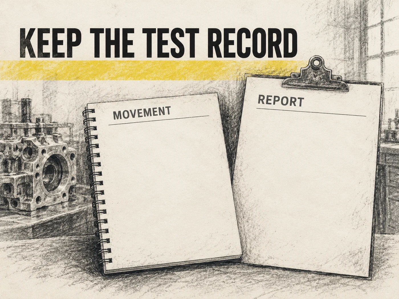 Separate graphite document forms labeled Movement and Report keep an observed joint motion record distinct from a test conclusion.
