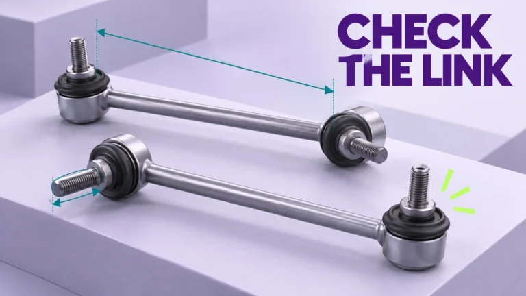 Lavender-gray isometric rendering of two generic stabilizer links with Check the Link lettering and teal measurement arrows.