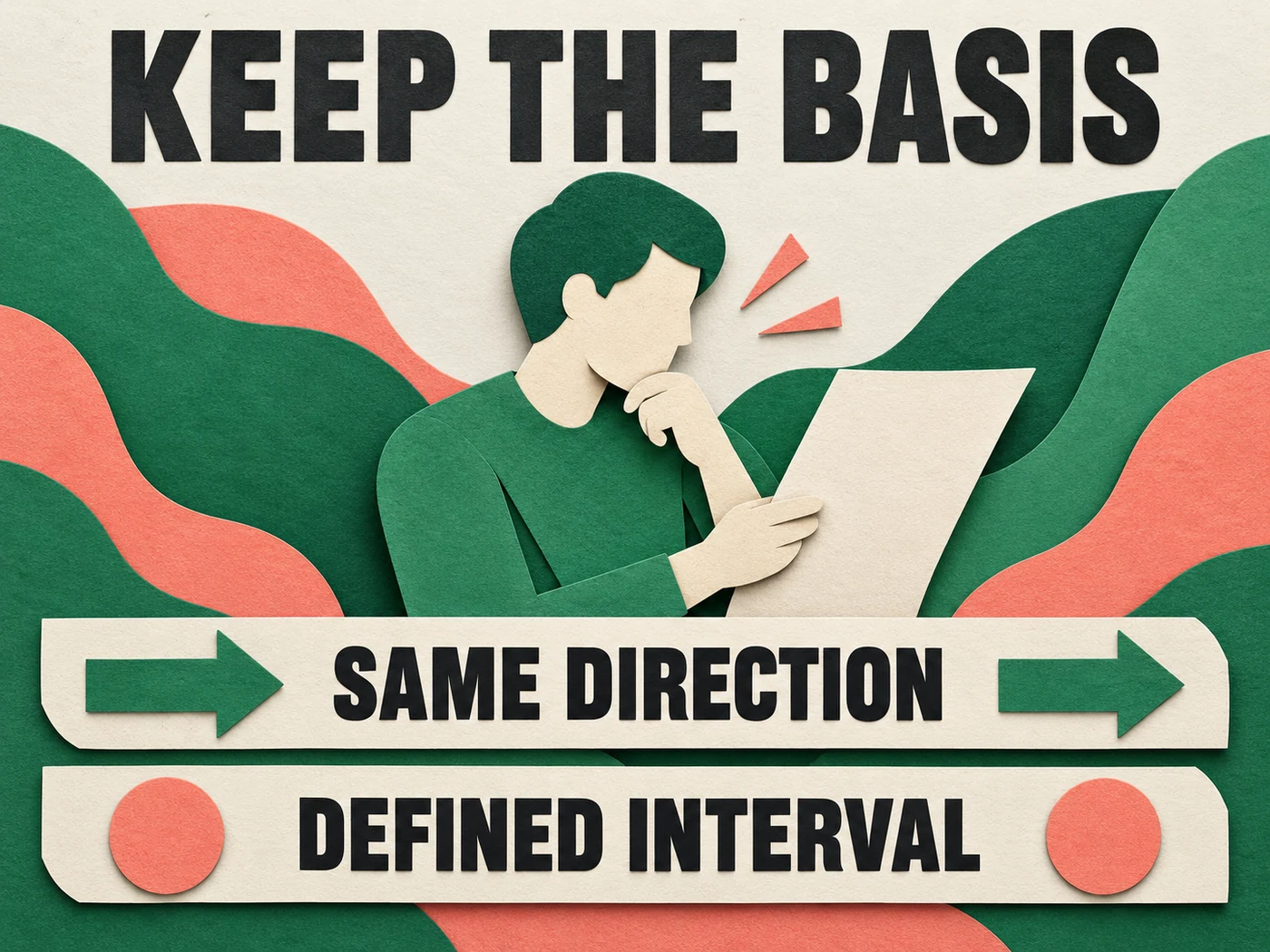 Emerald and salmon paper collage reads Keep the Basis, Same Direction and Defined Interval.
