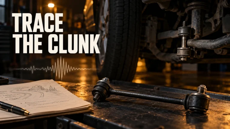 Dark amber workshop scene with a generic sway bar link on a bench, unbranded wheel area and Trace the Clunk lettering.