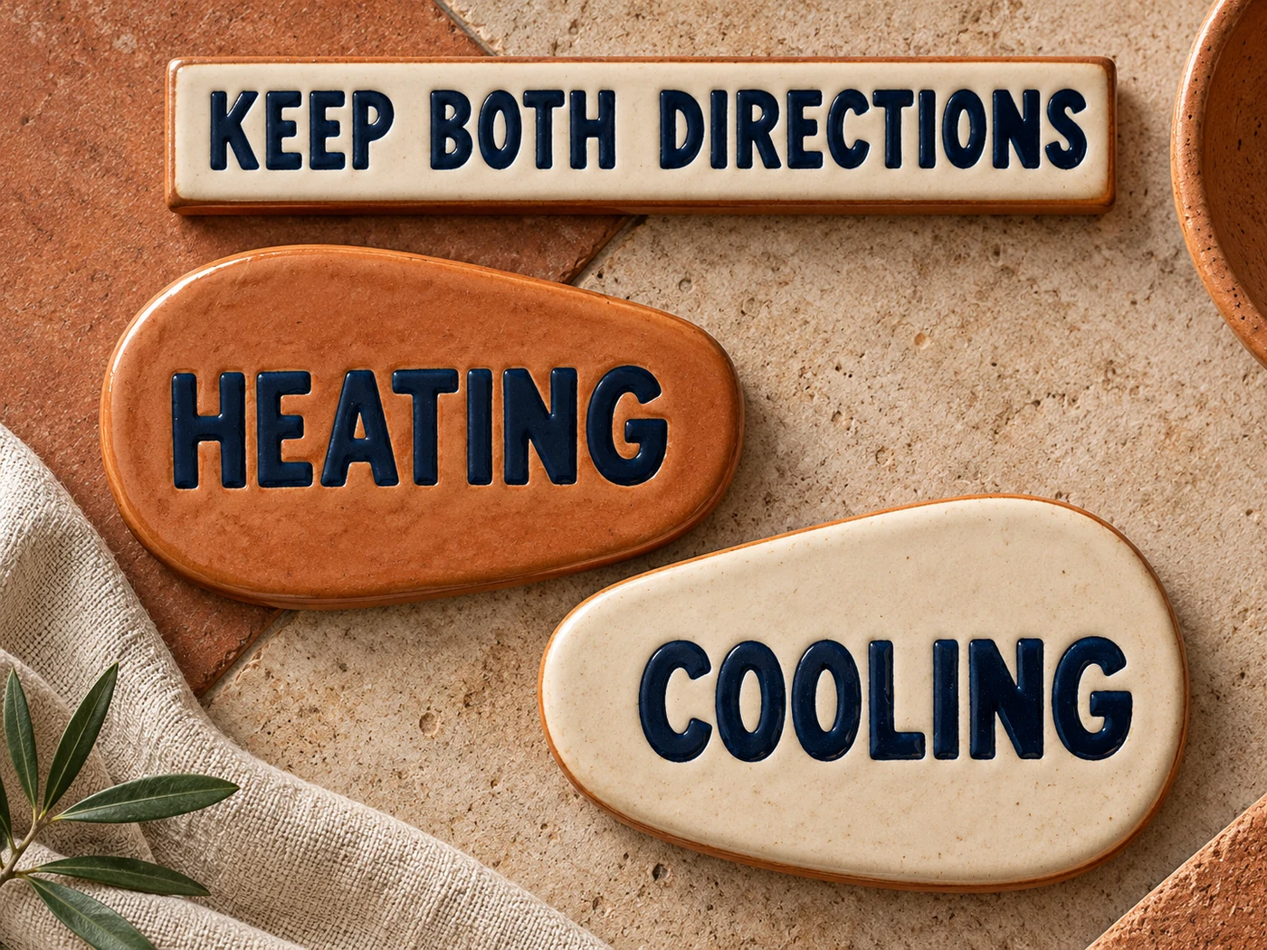 Terracotta and cream ceramic tiles identify Heating and Cooling beneath Keep Both Directions.