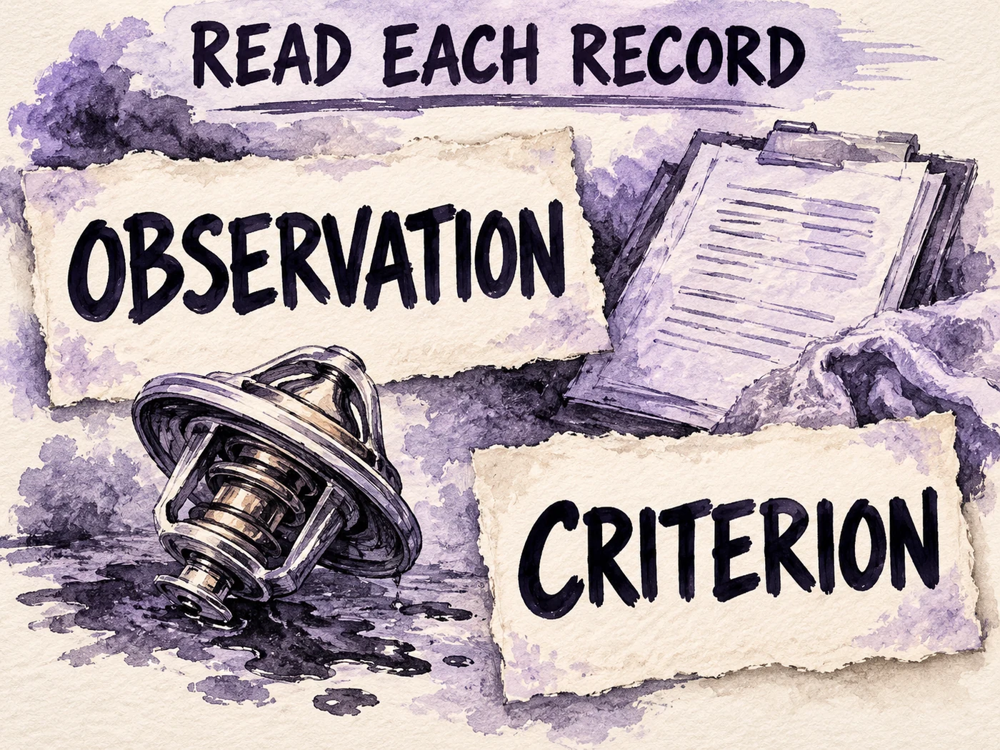 Slate and lavender ink wash depicts a generic thermostat and clipboard beside Observation and Criterion placards beneath Read Each Record.