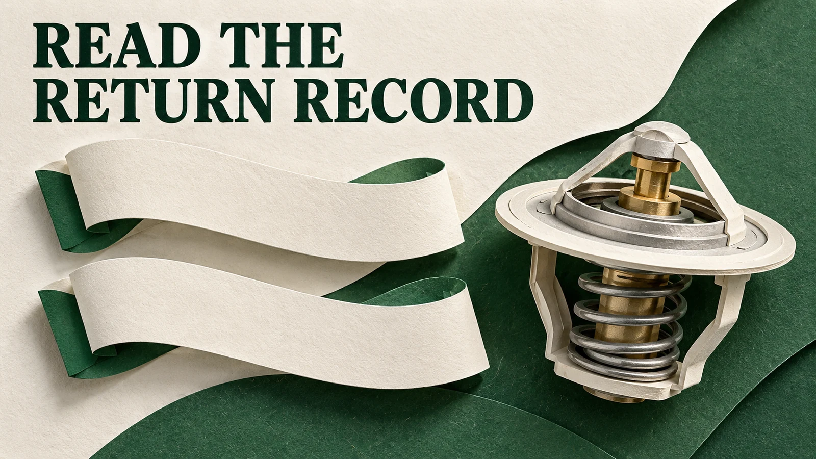 Cream and forest-green paper sculpture shows a generic thermostat insert beside two blank ribbons under Read the Return Record.
