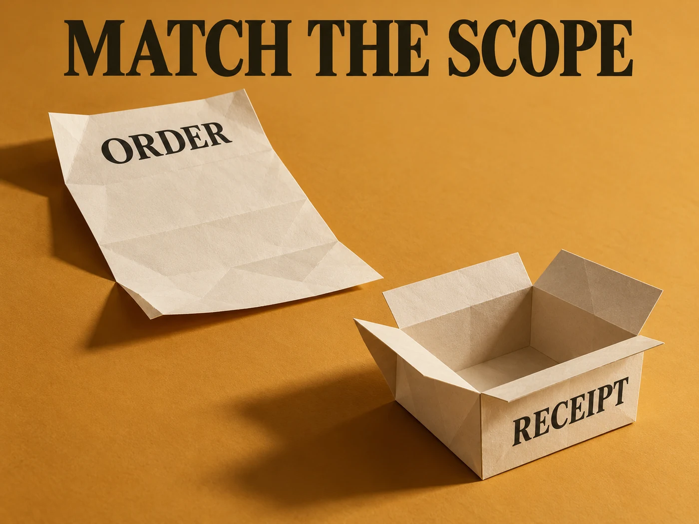 Ivory folded-paper sculpture separates an empty RECEIPT carton from an ORDER sheet under MATCH THE SCOPE.