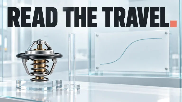 Icy glass editorial display with generic thermostat, blank rod and unnumbered curve under READ THE TRAVEL heading.