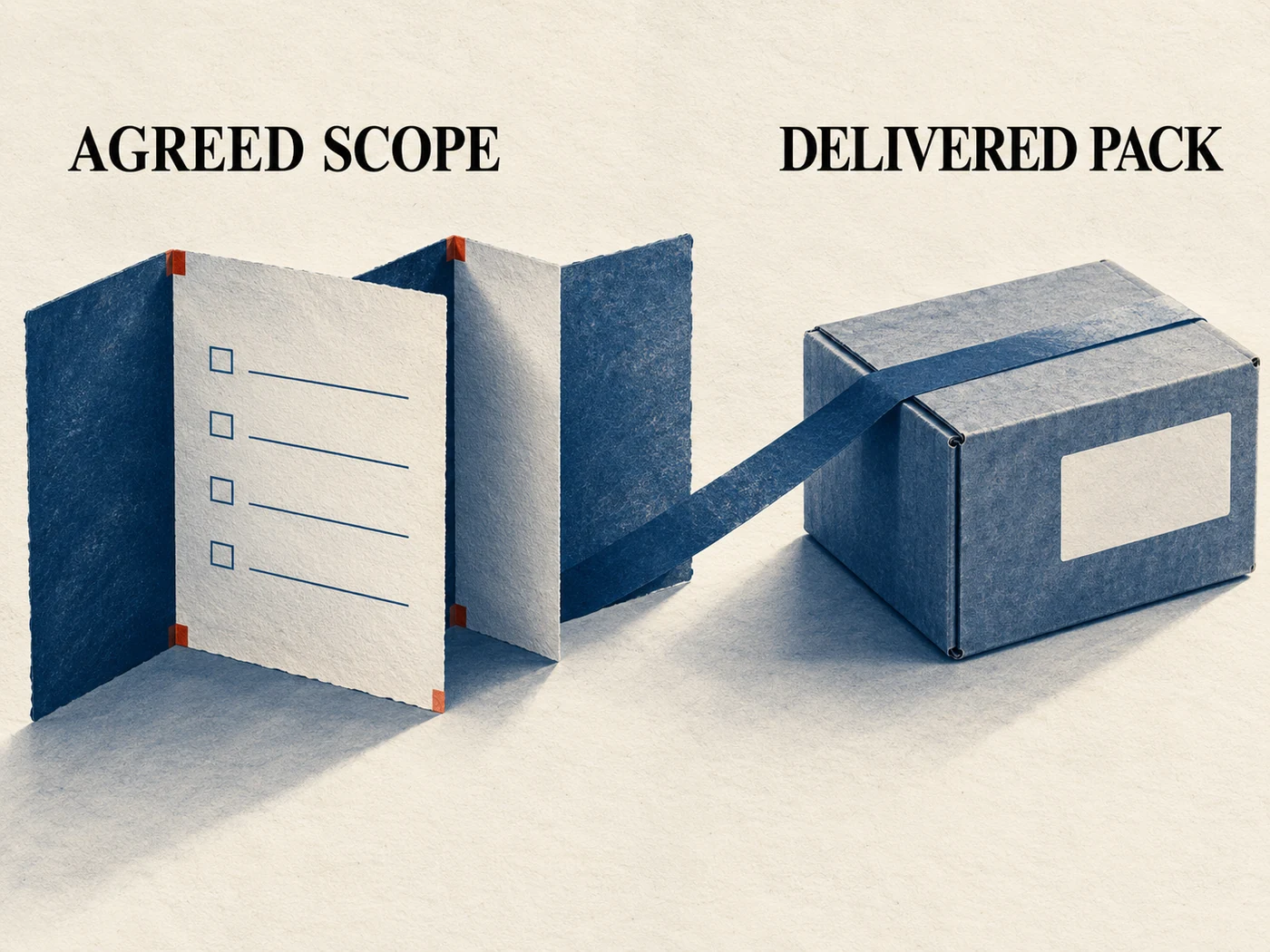 Cyanotype document illustration places an itemized contents sheet next to a closed shipping carton, showing the need to connect the agreed scope to the delivered pack.