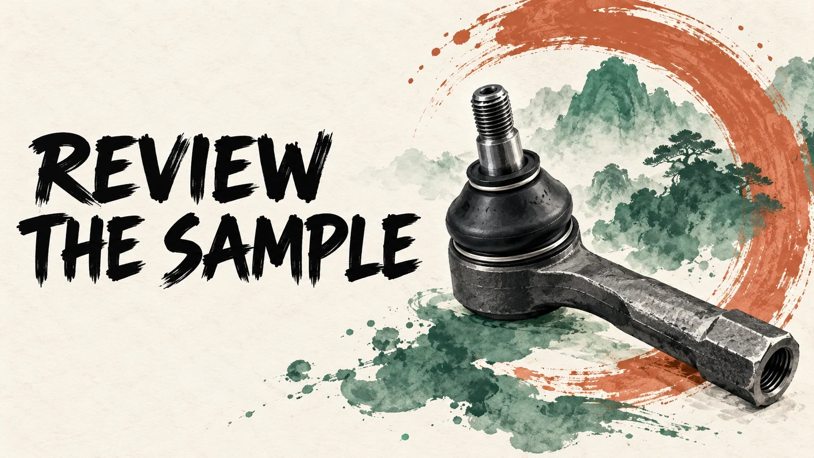 Jade and terracotta ink-wash cover with a generic intact tie rod end and REVIEW THE SAMPLE.