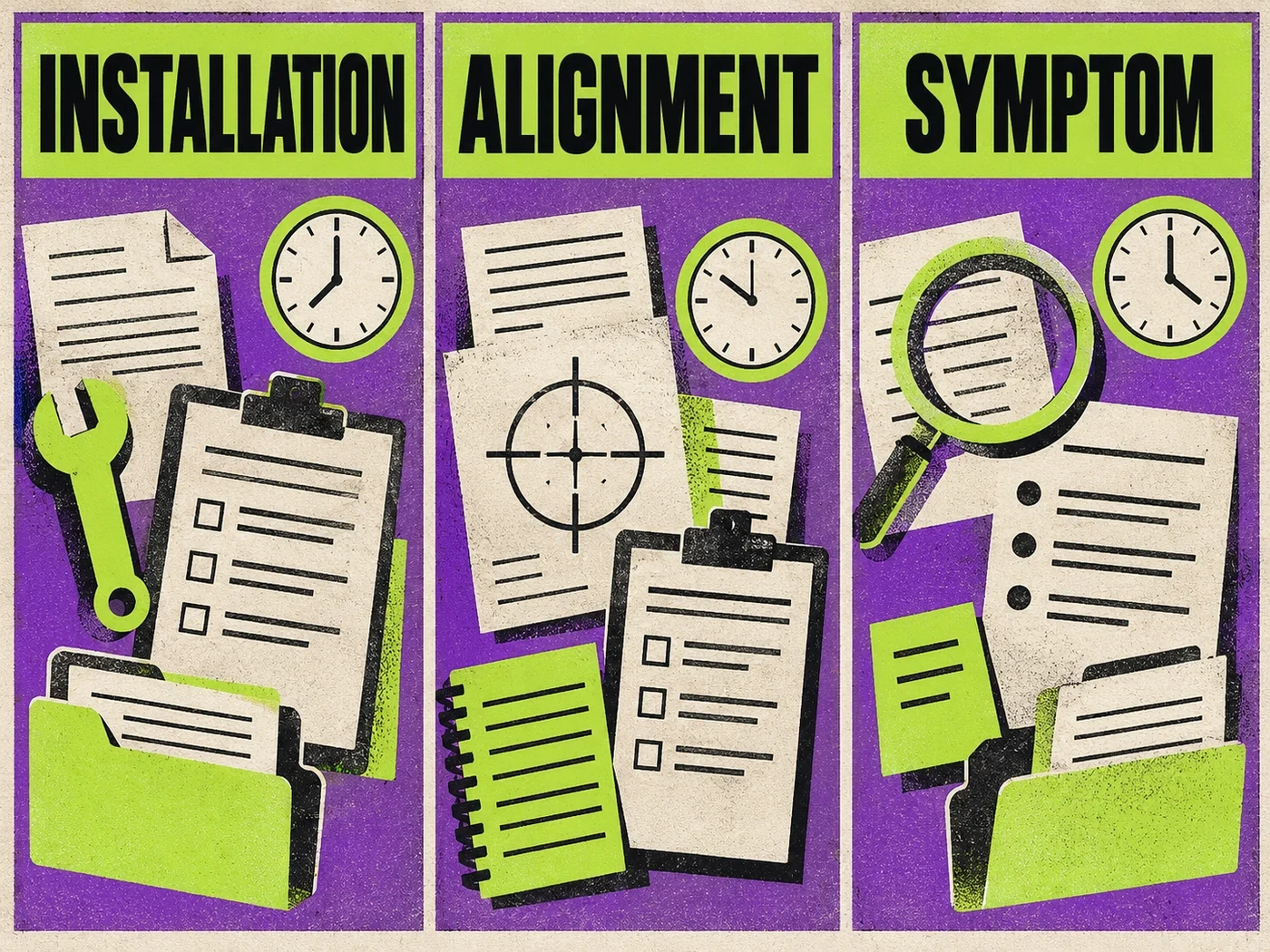 Purple and lime conceptual record columns labeled INSTALLATION, ALIGNMENT and SYMPTOM with blank forms and timeline icons.