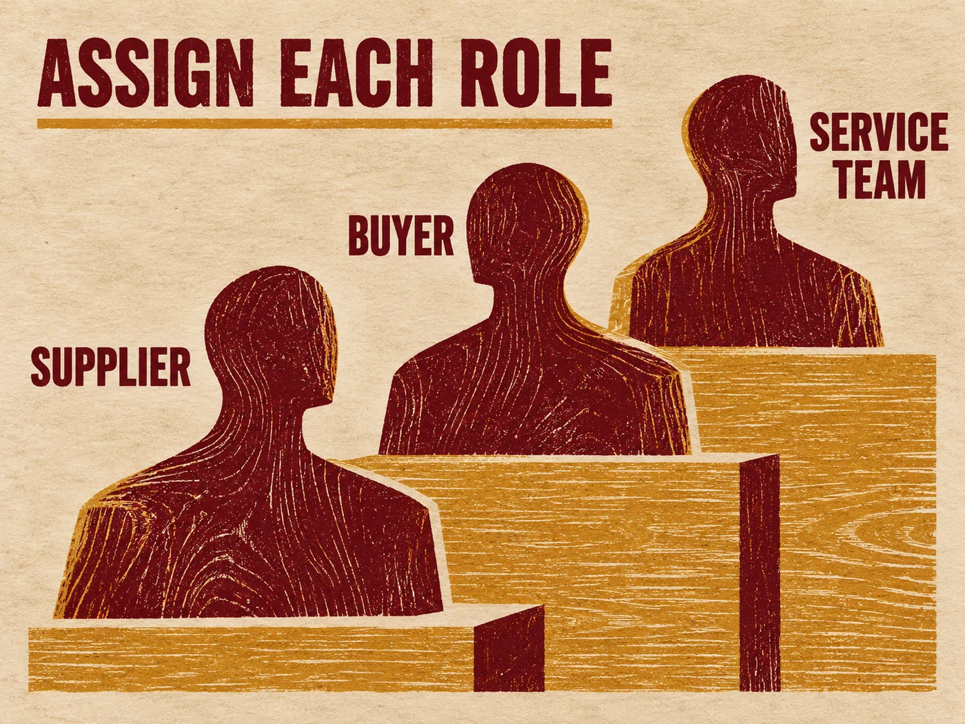 Maroon and ochre woodblock-style abstract busts labelled Supplier, Buyer and Service Team.