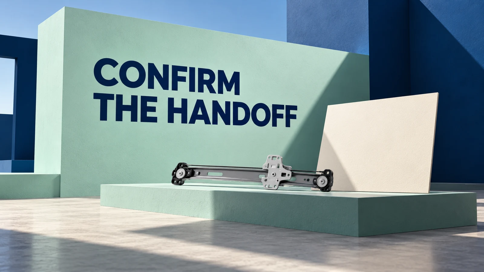 Mint and ultramarine architectural diorama with a generic regulator rail and blank record card under Confirm the Handoff.