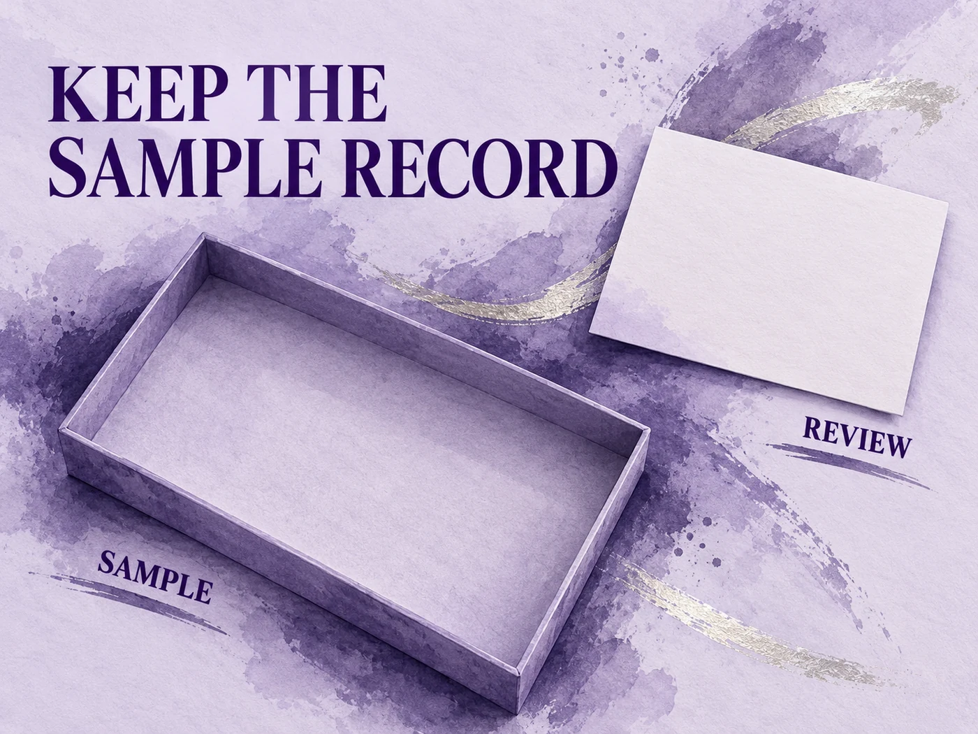 An ink-wash editorial sample tray and blank review card illustrate keeping a sample observation linked to its own record.