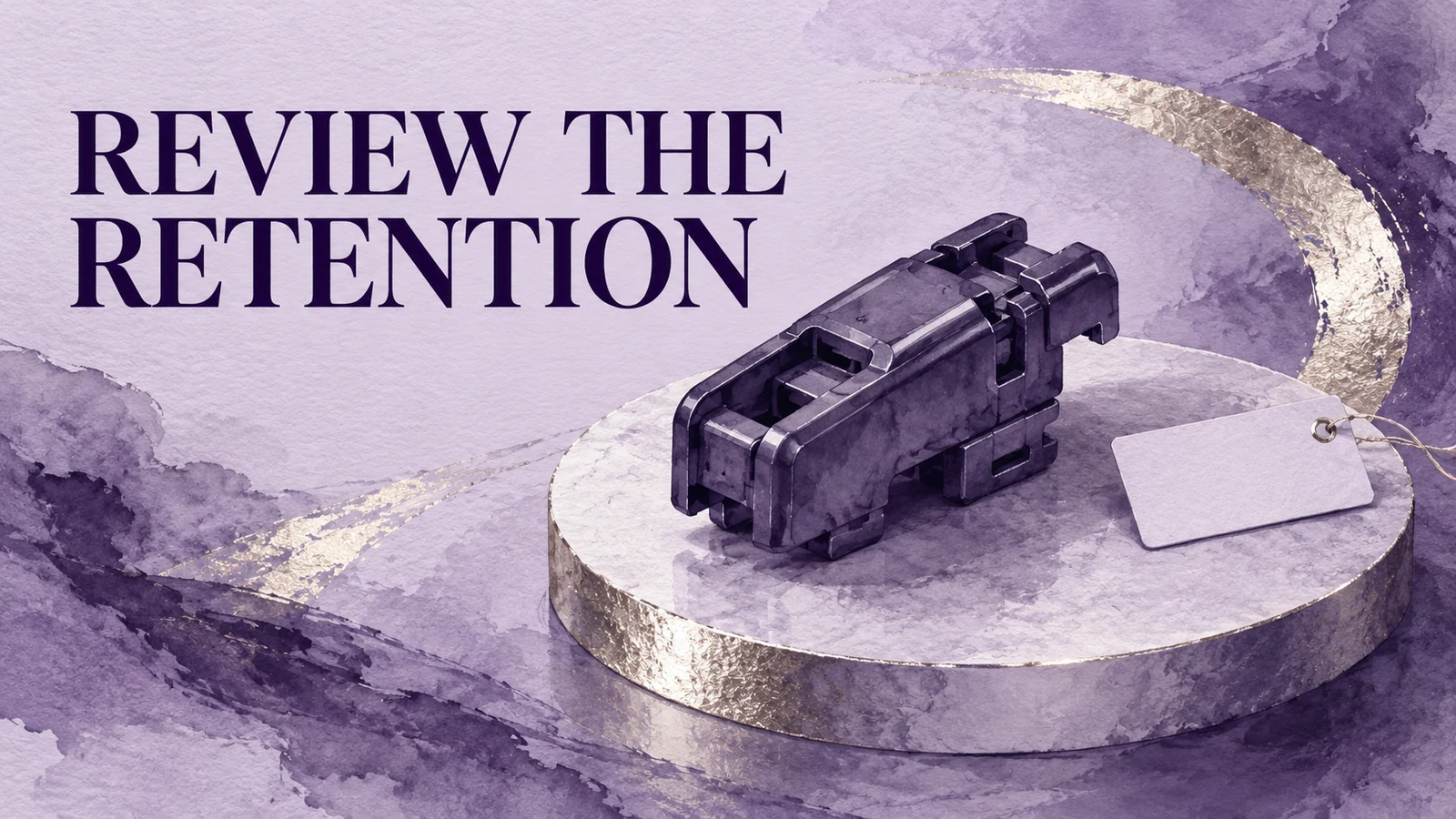 A violet ink-wash generic detached wiper adapter appears on an inspection pedestal beside REVIEW THE RETENTION.