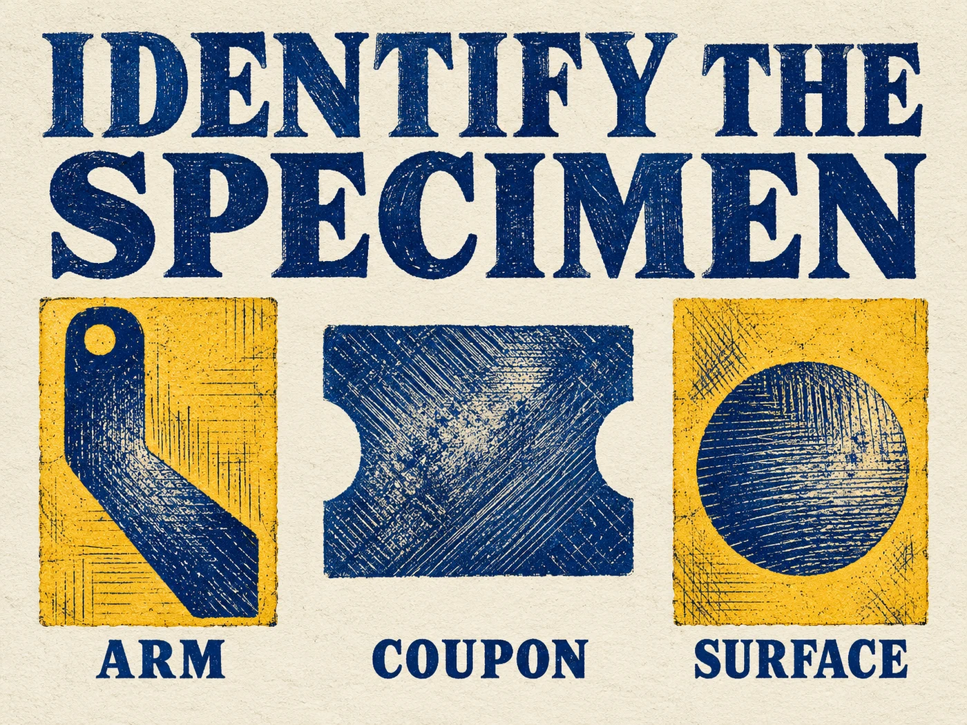Cobalt mustard drypoint silhouettes identify Arm, Coupon and Surface beneath Identify the Specimen.