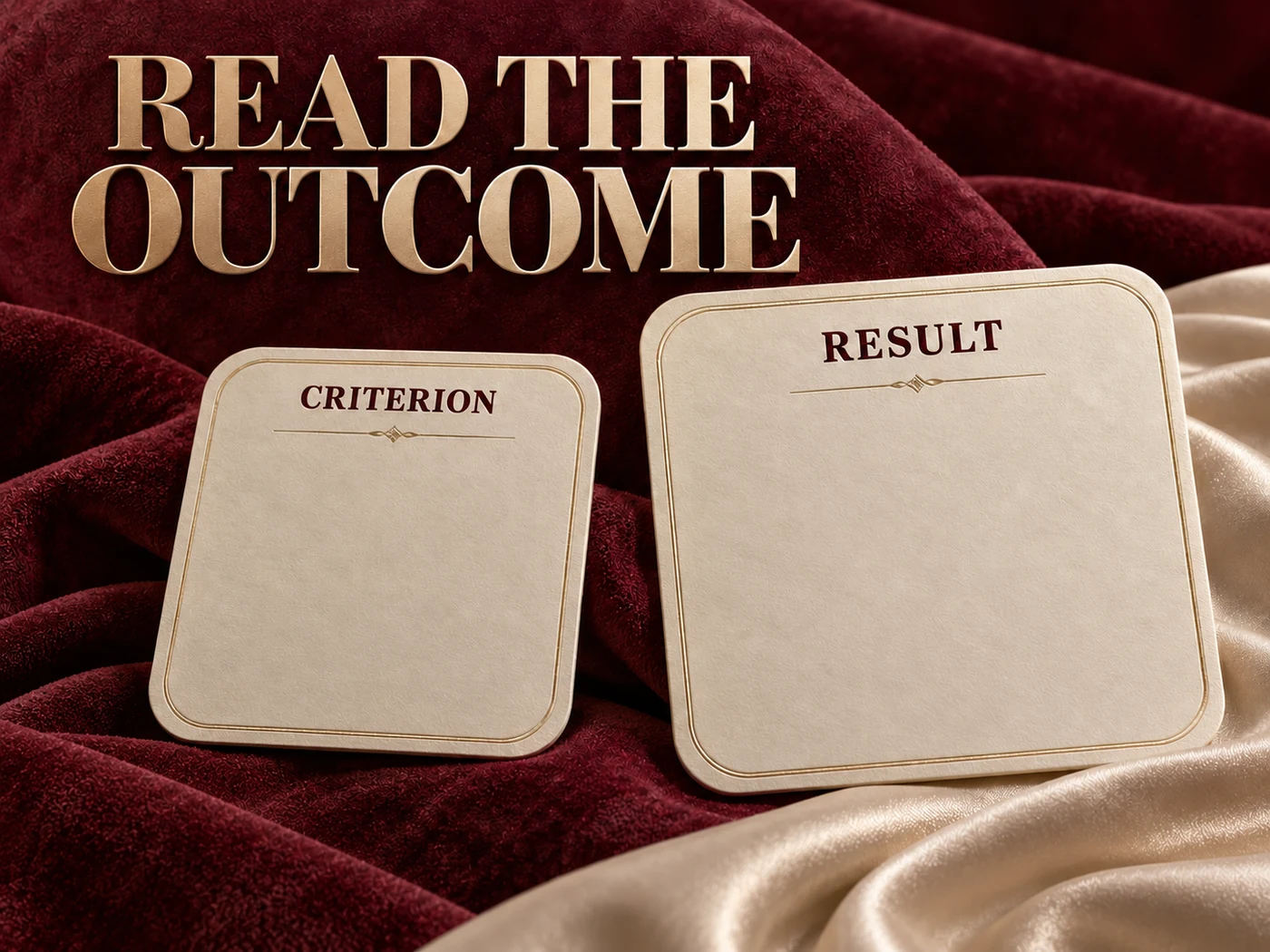 Burgundy champagne ivory suede plaques label Criterion and Result beneath Read the Outcome.