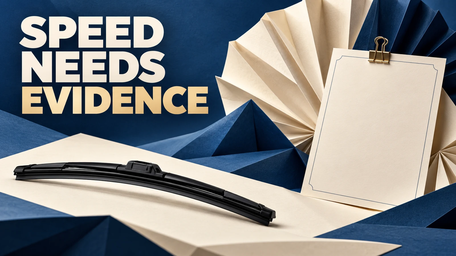 Deep blue ivory folded paper surrounds a detached generic wiper blade and blank record card beneath Speed Needs Evidence.