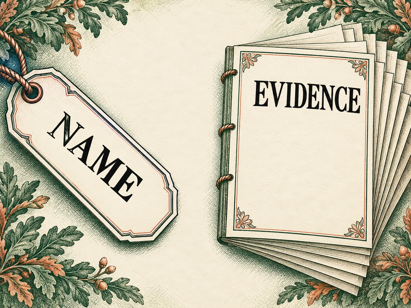 Engraving-style illustration places a material-name tag beside a separate blank evidence folio, showing that a declaration and a performance record answer different questions.