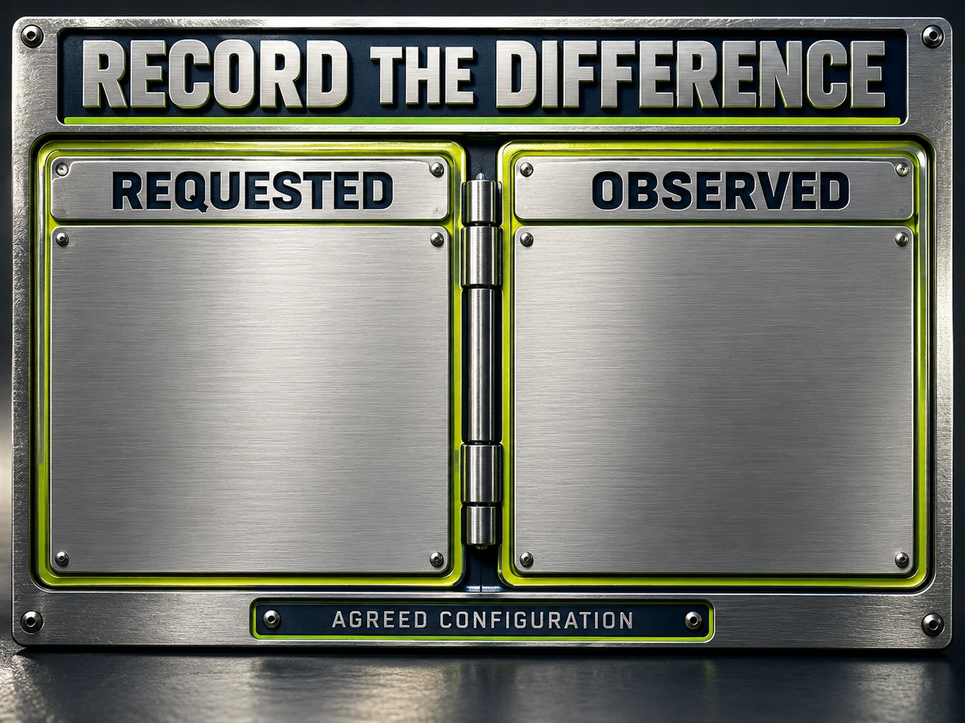 A metal editorial acceptance record separates requested behavior from observed behavior without displaying invented test values.