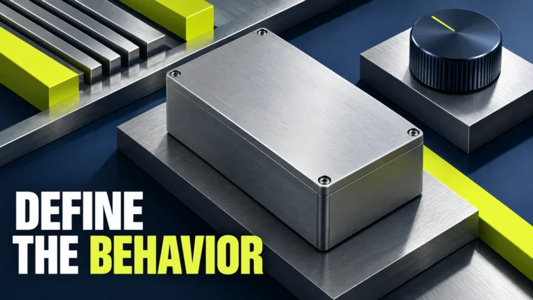 A brushed aluminum conceptual enclosure and separate knob accompany DEFINE THE BEHAVIOR.