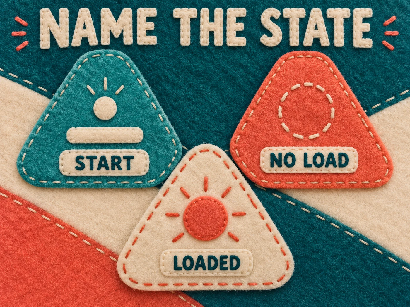 Teal coral cream felt applique separates Start, No Load and Loaded beneath Name the State.