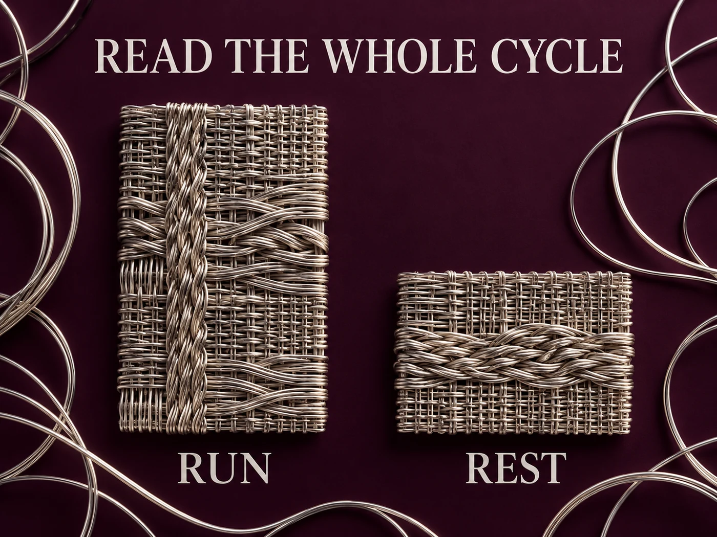 Silver woven-wire panels on aubergine separate Run and Rest beneath Read the Whole Cycle.