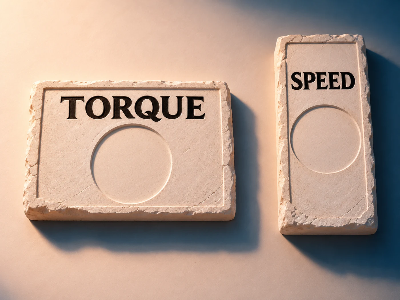 Peach and petrol plaster illustration shows separate blank report tiles labeled TORQUE and SPEED, representing distinct quantities rather than a measured performance curve.