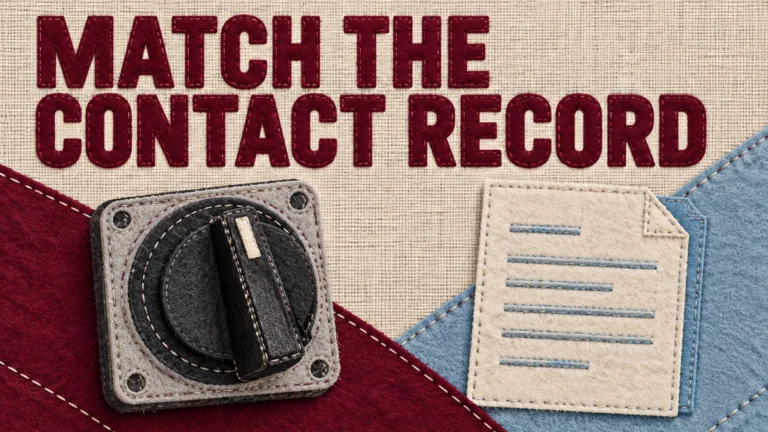 Generic closed switch knob and blank document patch in embroidered linen with the words Match the Contact Record.