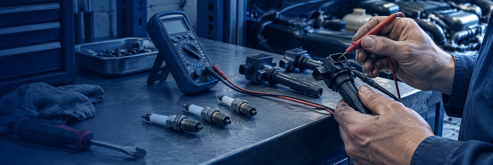 Illustrative engine-ignition OEM parts review scene