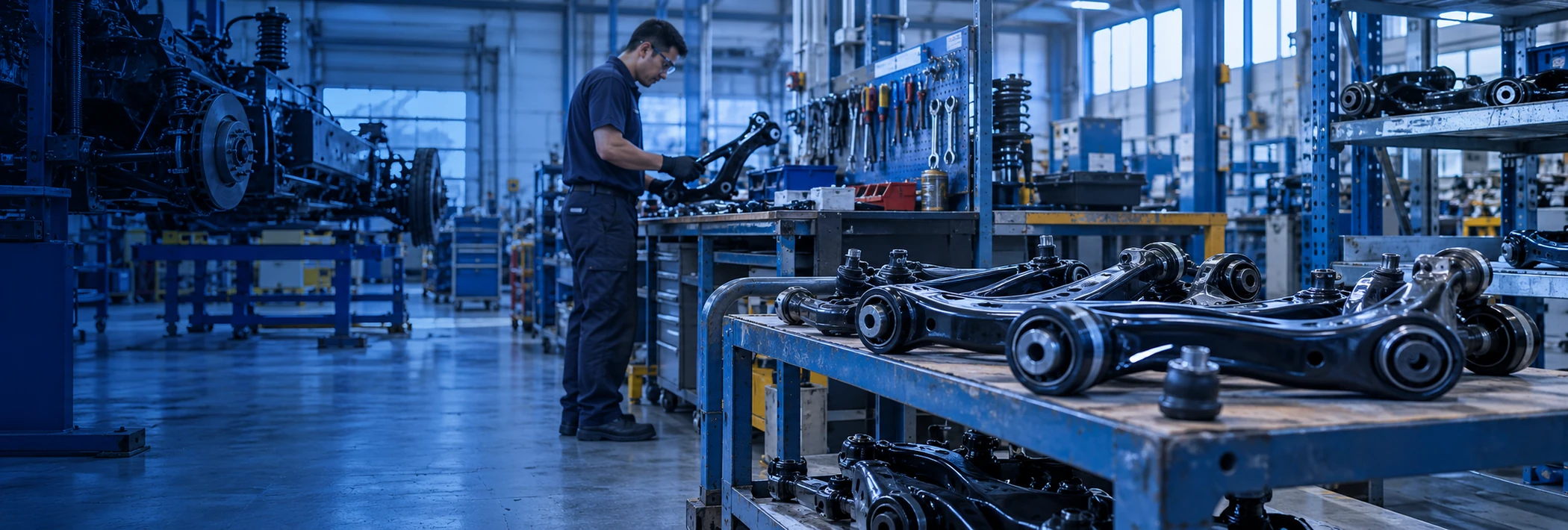 Illustrative suspension-chassis OEM parts review scene